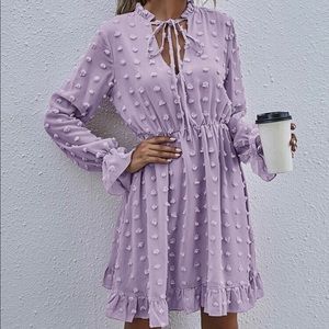 CDM lavender Swiss Dot Tie Neck A-Line Dress